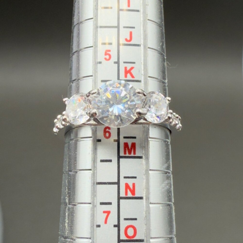 Three Stone Cubic Zirconia Engagement Ring Silver Tone Round Cut Size 6 - Picture 4 of 14